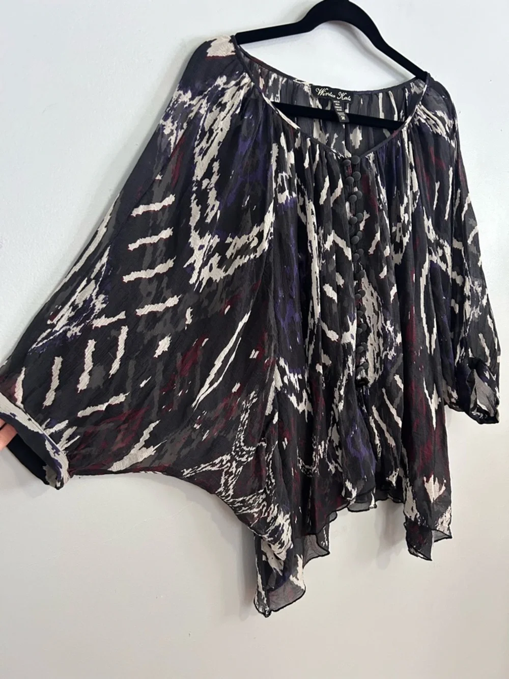 Winter Kate Silk Boho Blouse M Sheer Ikat Peasant Festival Top Vintage Silk